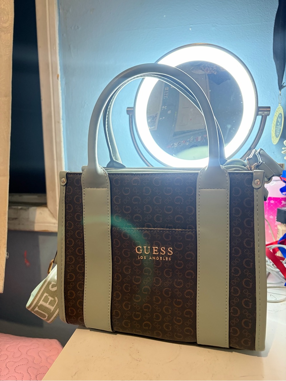 GUESS Brown with Light Green Trim Signature Satchel